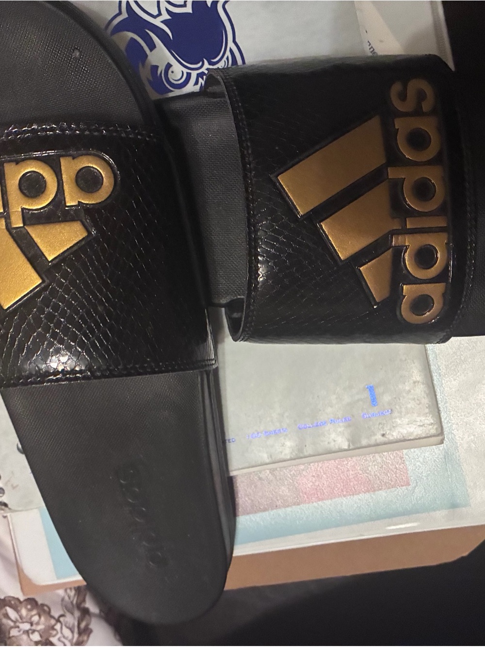 adidas Black Slide Sandals with Gold Logo Accent